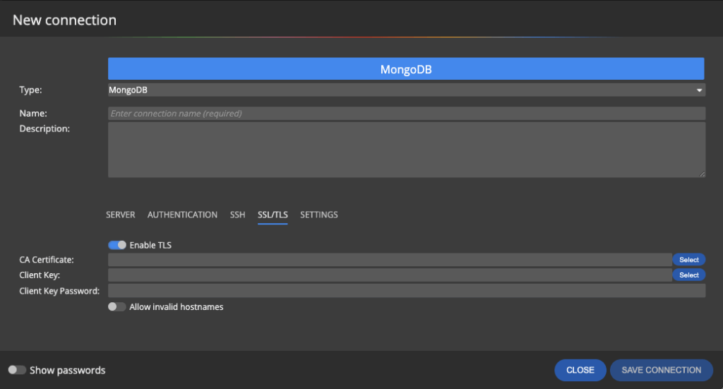 Secure TLS connection to MongoDB in Moon Modeler