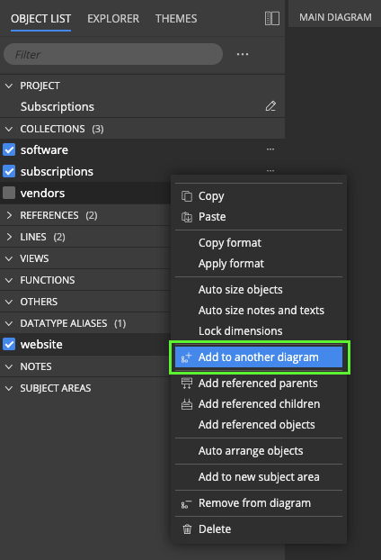 Adding items to another diagram