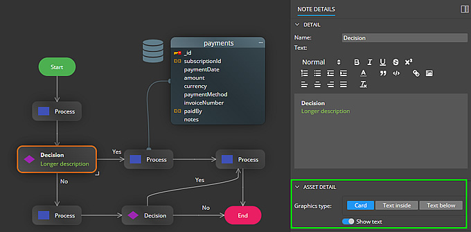 Details of an Asset/Note object and the option to switch from Graphics to Card.