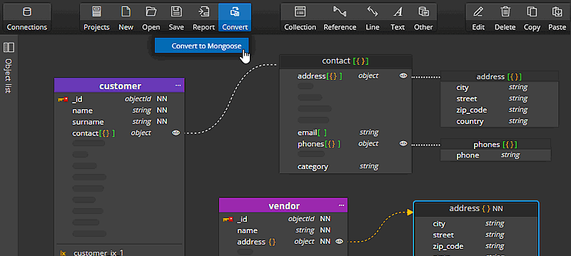 Conversion from MongoDB diagram to Mongoose project Conversion from MongoDB to Mongoose