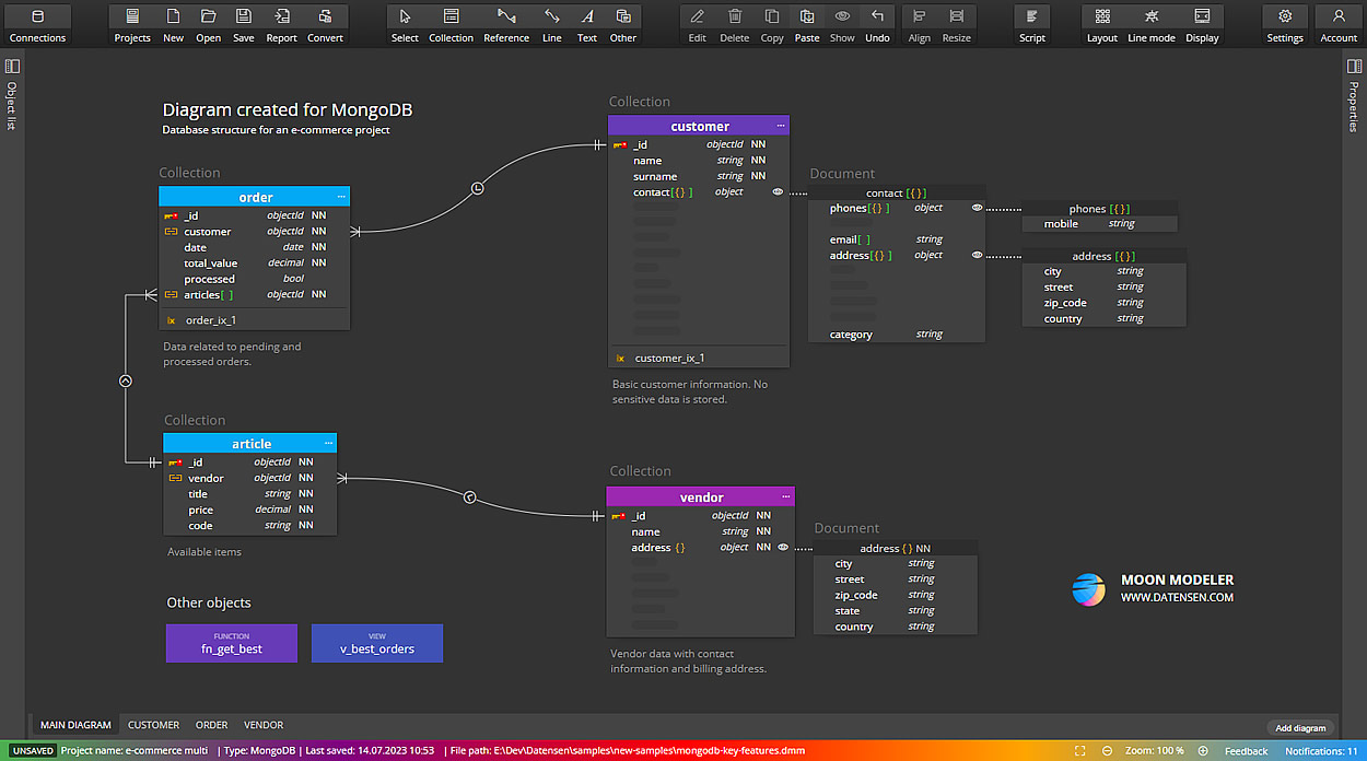 Moon Modeler and diagram for MongoDB