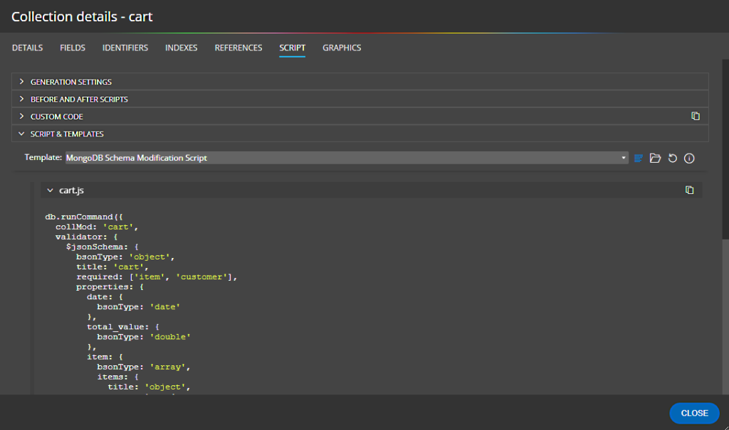 Script tab of MongoDB collection displayed in Moon Modeler.