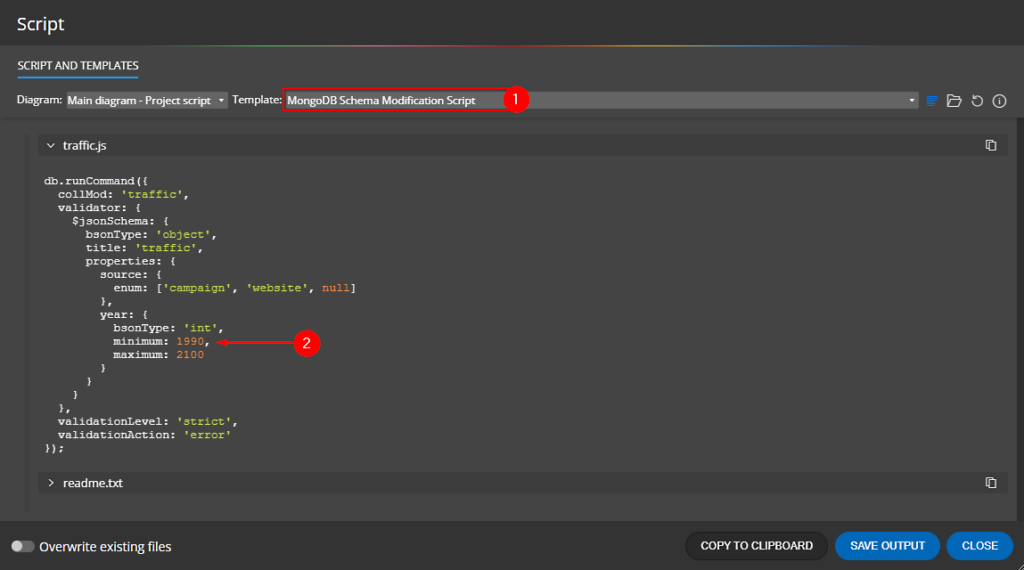 Moon Modeler and MongoDB schema modification script.