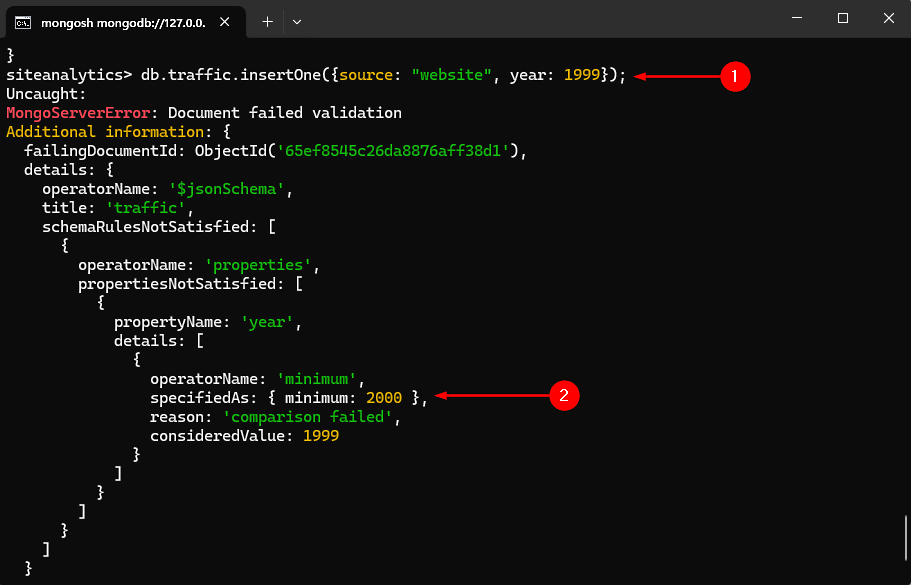 MongoDB shell and inserting a record that does not match schema validation criteria