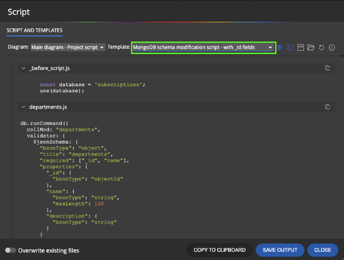 Generation of validation scripts for MongoDB - code generated by Moon Modeler data modeling tool