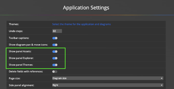 Moon Modeler application settings and options to show and hide the Assets, Explorer and Themes panels.