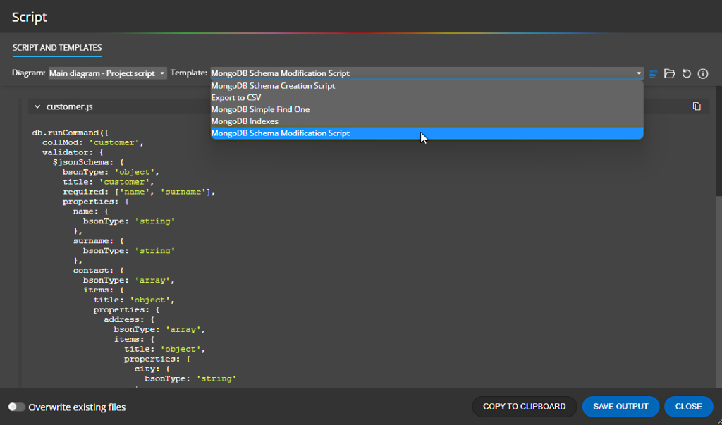 Moon Modeler and template selection for generating schema validation or modification script for MongoDB