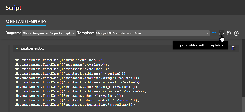 Template for generation of simple findOne statement for each collection and field for MongoDB collections.