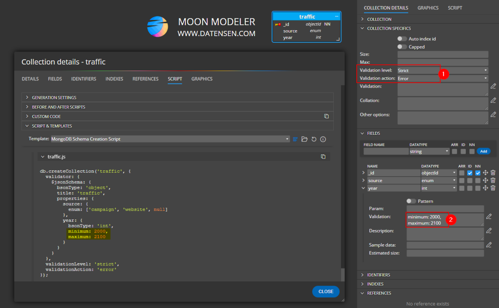 Validation settings for MongoDB database defined in Moon Modeler