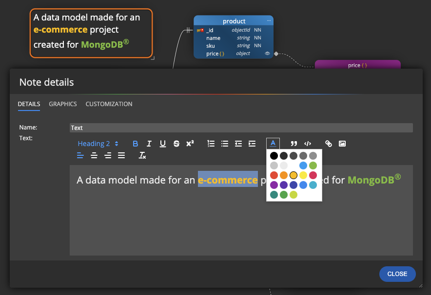A diagram for mongoDB with notes that contain formatted text.