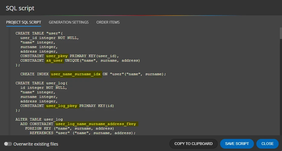 Script generated for PostgreSQL