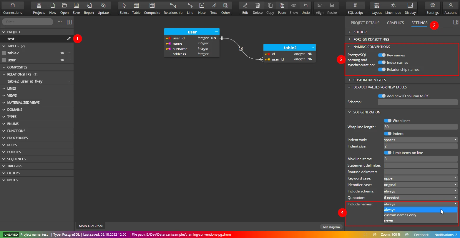 Naming conventions and synchronization settings for PostgreSQL.