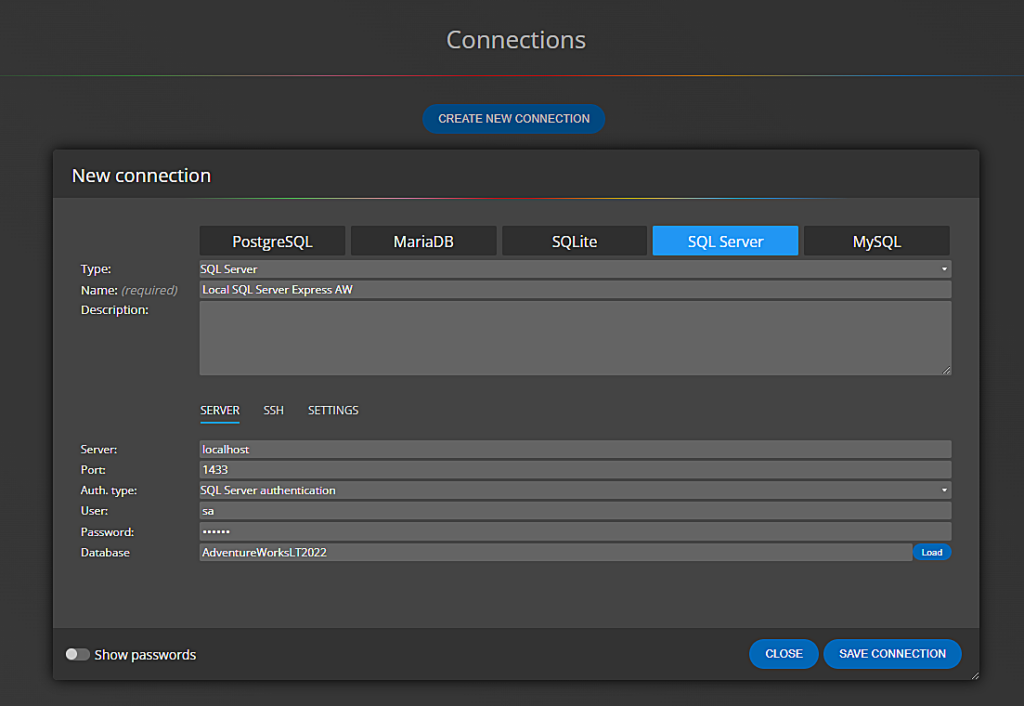 New connection to SQL Server Express Edition created in Luna Modeler