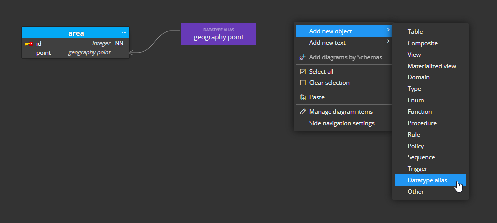 Context menu for adding new Datatype alias.