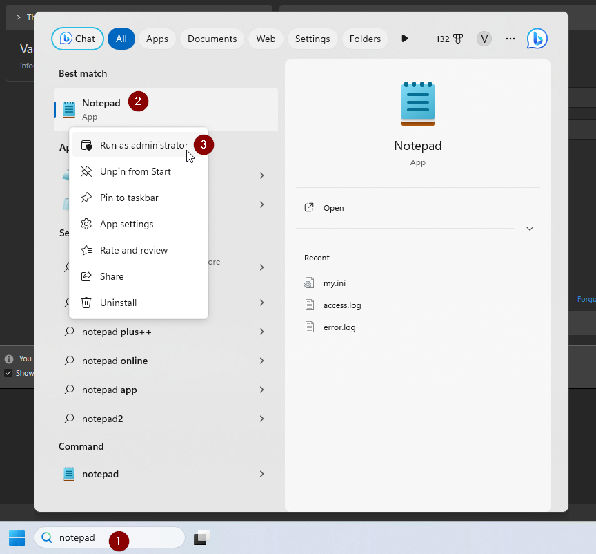 Running Notepad as Administrator on Windows 11