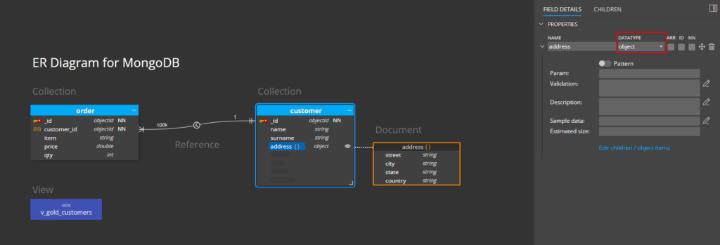 How to create a document by selecting the object data type.