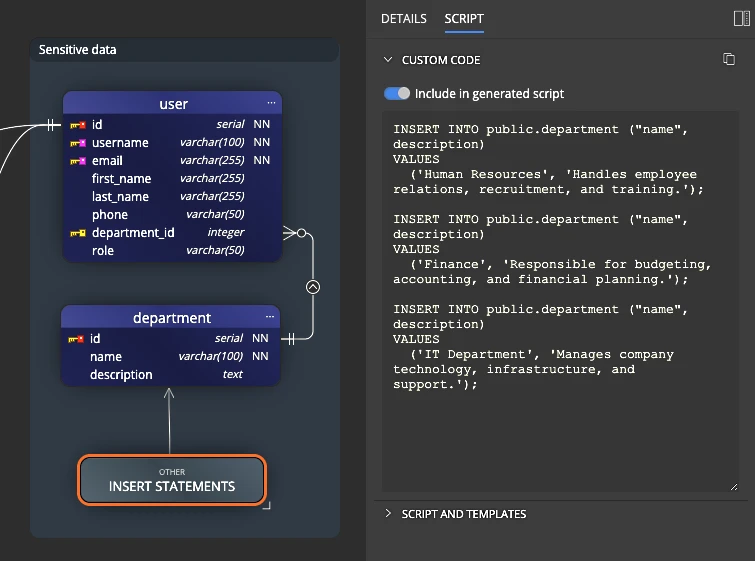 Other object with INSERT statements in a data model created in Luna Modeler.