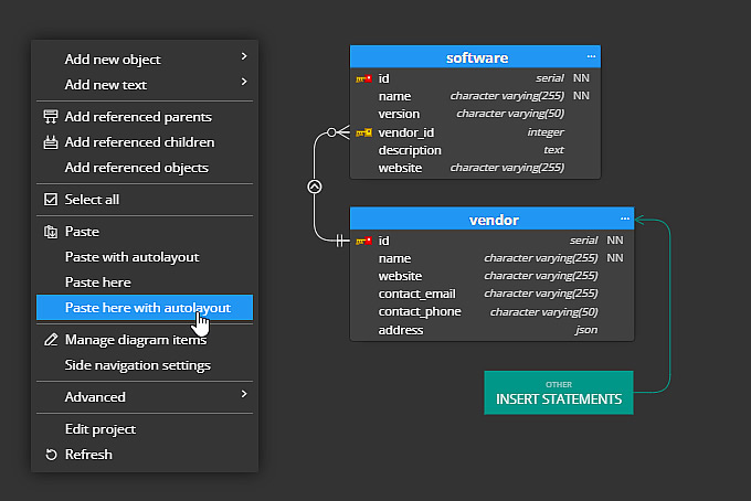 Paste with autolayout - new item in context menu in Luna Modeler database designer