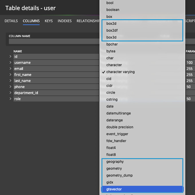 PostGIS extension supported for data models for PostgreSQL. Luna modeler data modeling tool.