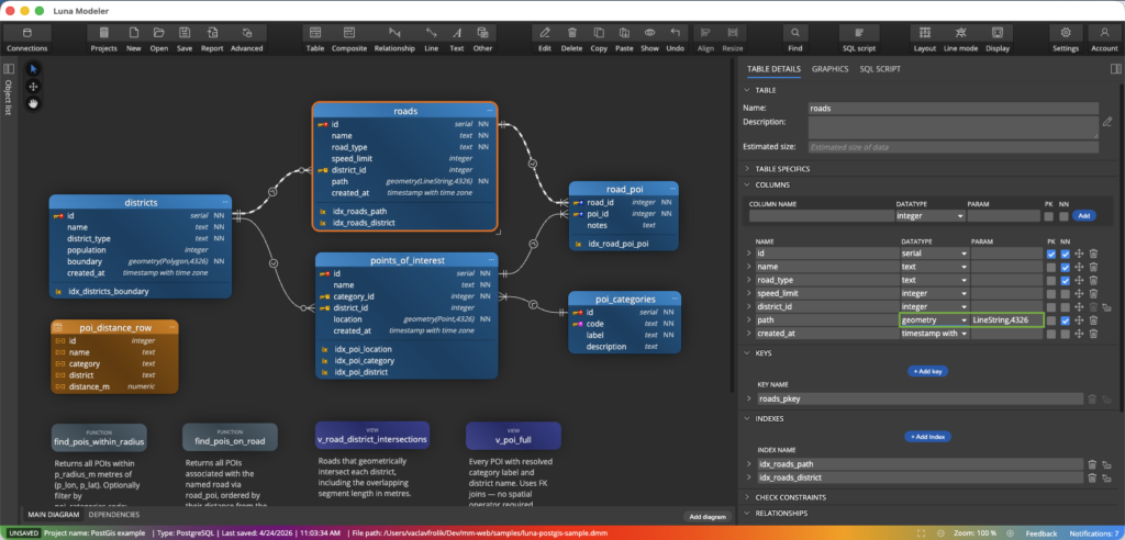 PostGIS datatypes in Luna Modeler data modeling tool for PostgreSQL and other relational databases.