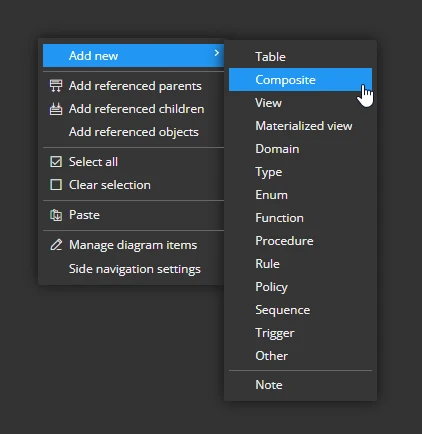 Context menu accessible from the ER diagram