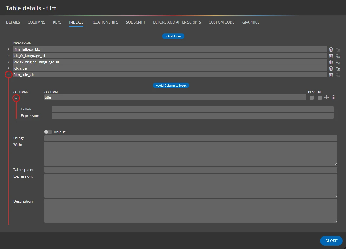 Collapsible area for editing index properties