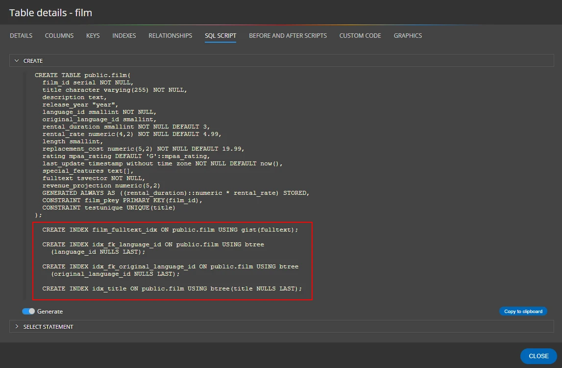 Generated SQL script for PostgreSQL indexes from ER diagram