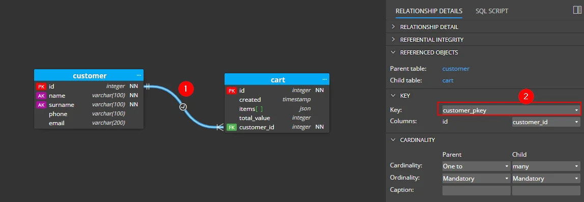 How to change key for the relationship in ER diagram for PostgreSQL