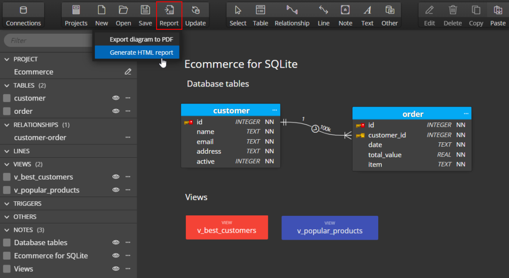 report generation for SQLite ERD