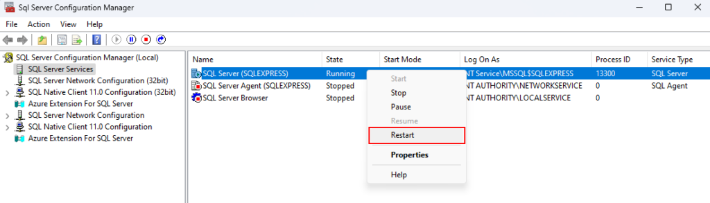 How to restart SQL Server Express edition.
