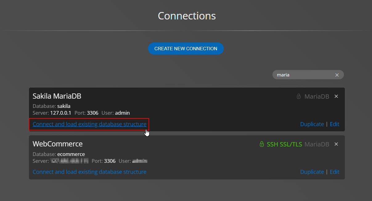 Connect and load MariaDB database structure