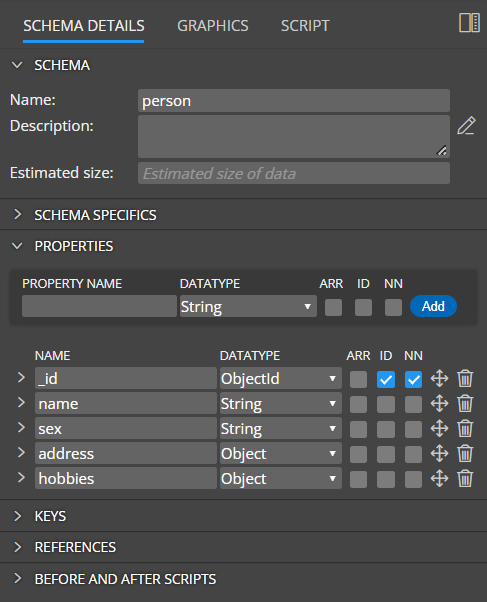 Mongoose schema - properties editable via right side panel