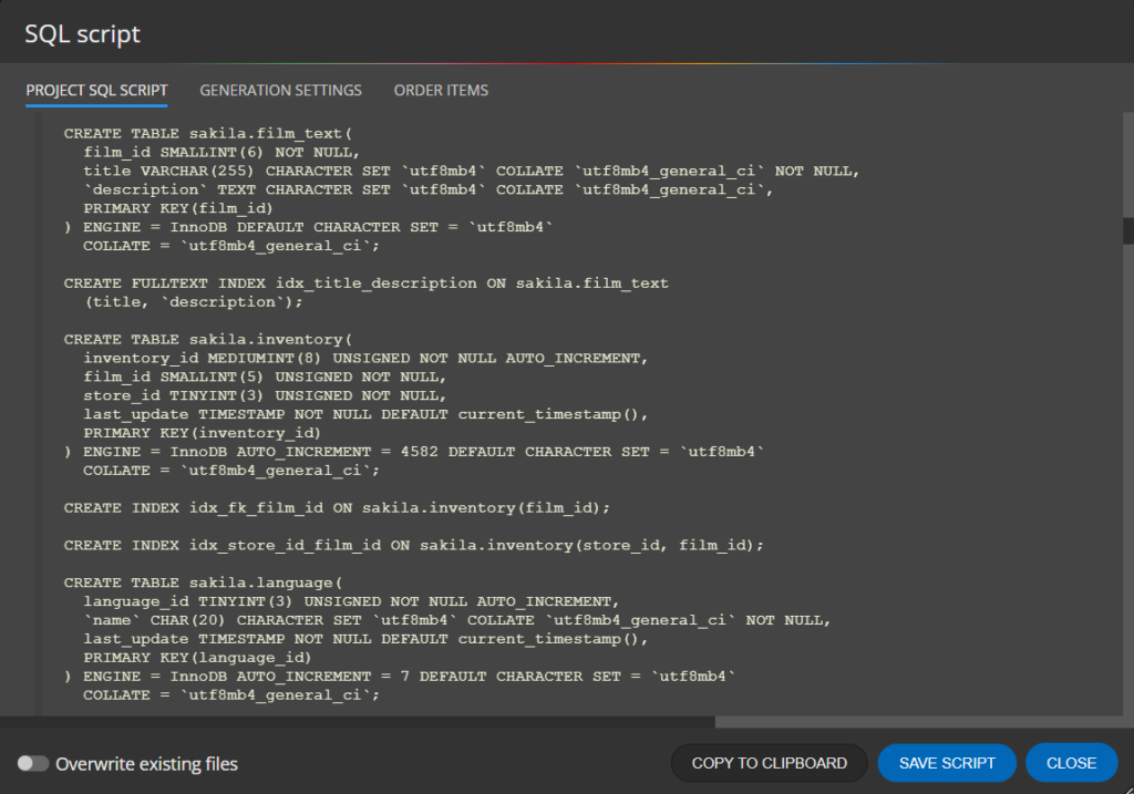 generated SQL script for MySQL
