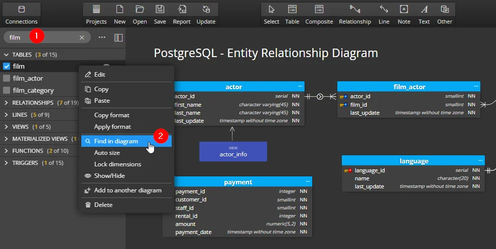 Filter and find in diagram - Luna Modeler - data modeling tool for Postgres