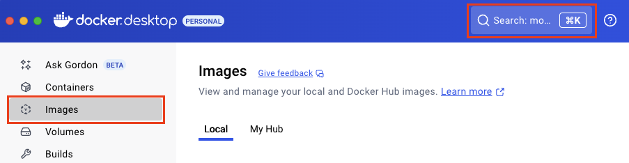 Docker Desktop and the search field