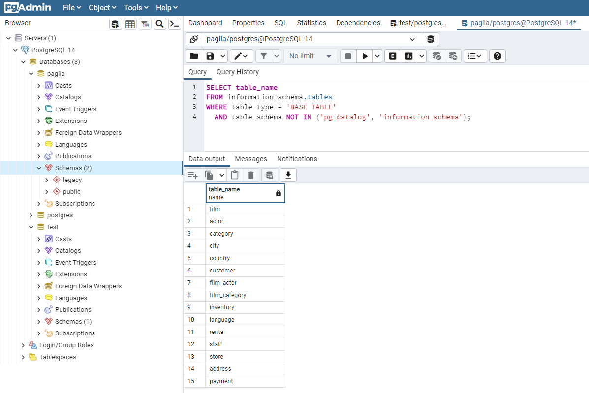 Show all Postgres database tables using a SQL command