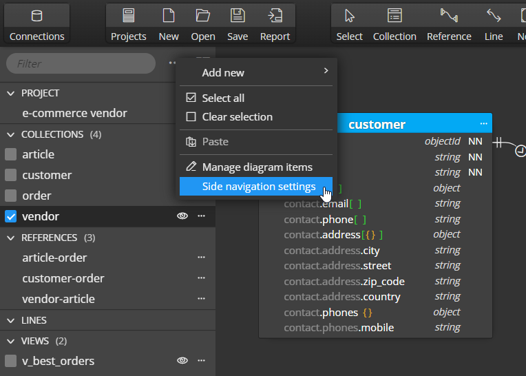 side navigation settings - context menu item