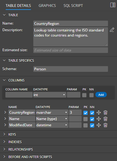 SQL Server table properties in a side panel