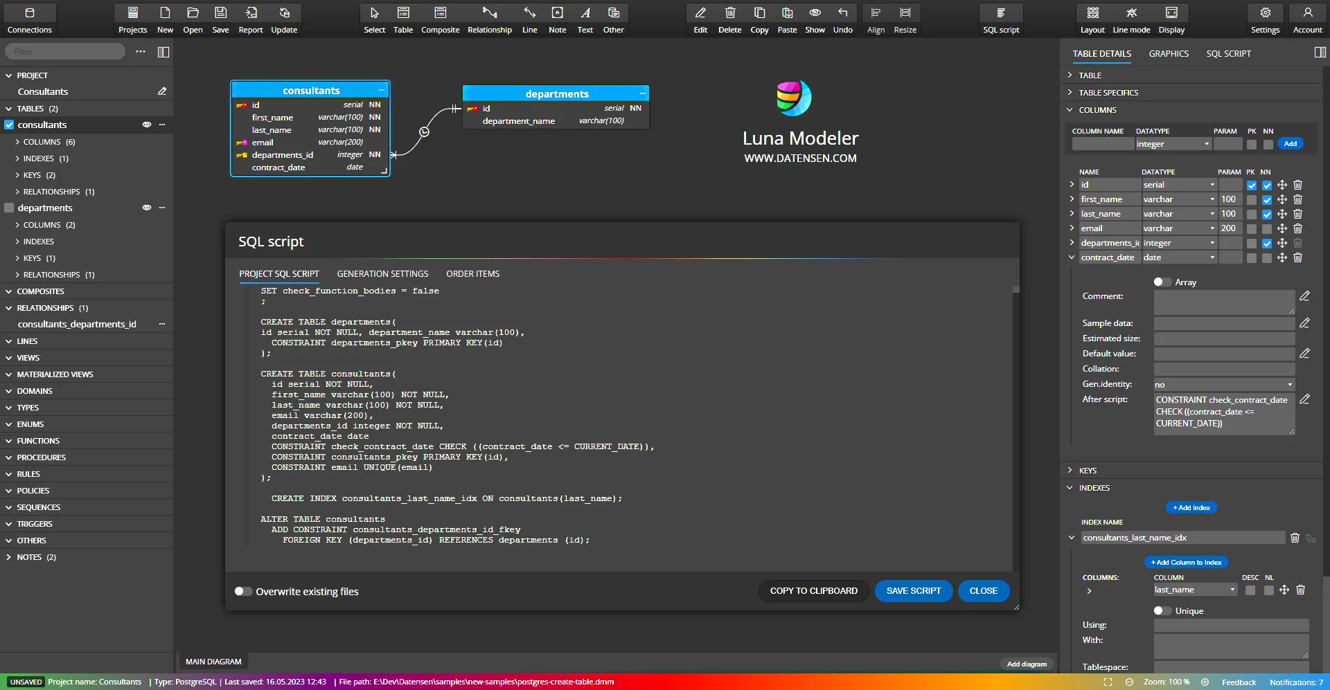 SQL script with CREATE TABLE statement for PostgreSQL