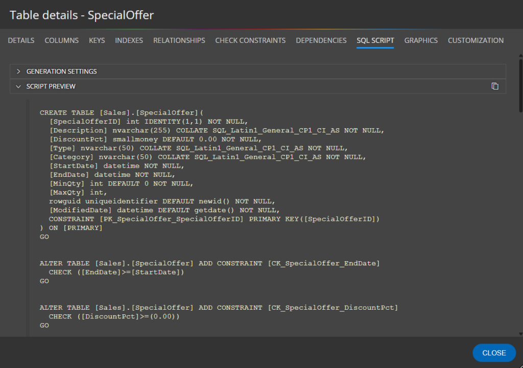 SQL Script with check constraint statements generated by Luna Modeler.