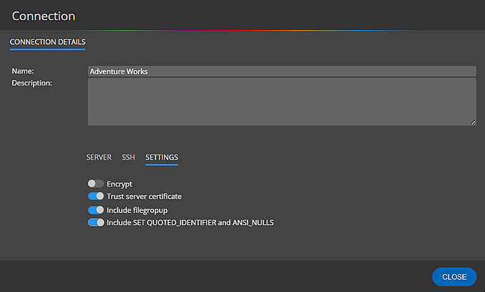 Connection properties to SQL Server defined in Luna Modeler - ERD creator
