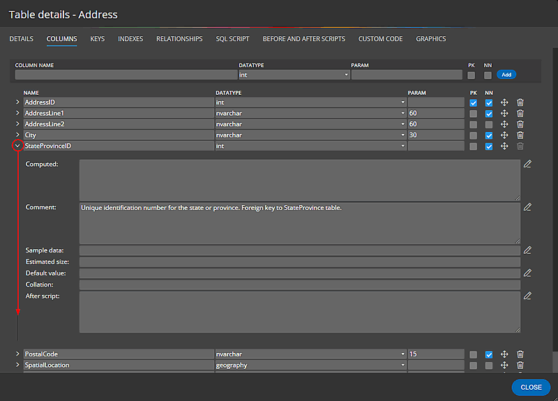 A form that shows how to easily edit column in ERD for SQL server.