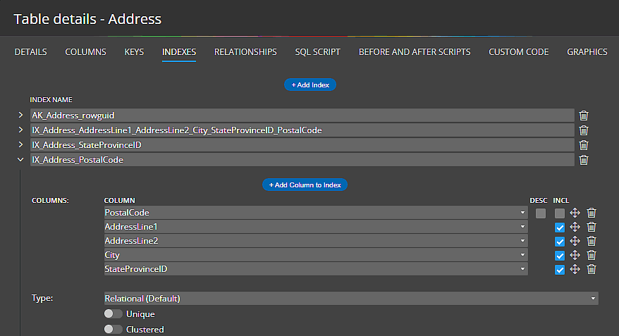 SQL Server Index creation in Luna Modeler database design tool.