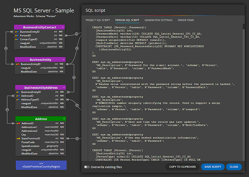 Generated SQL script for SQL Server