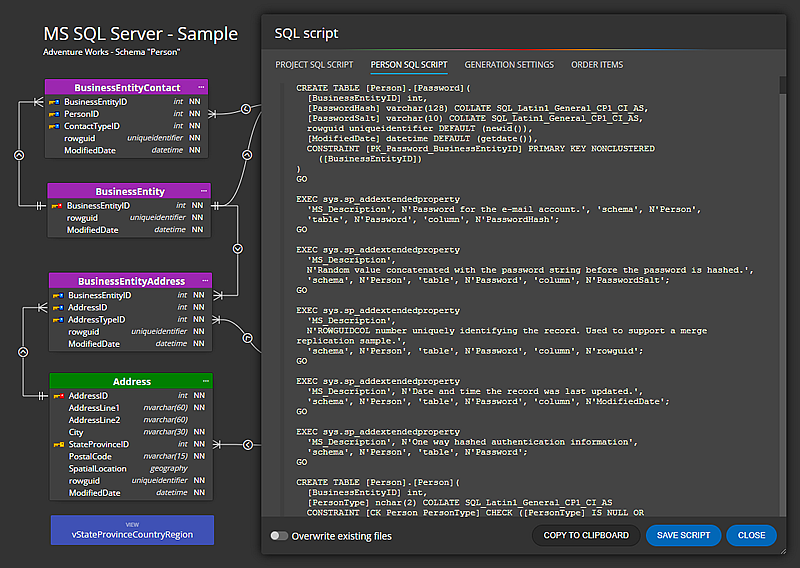 Generated SQL Script for MS SQL Server