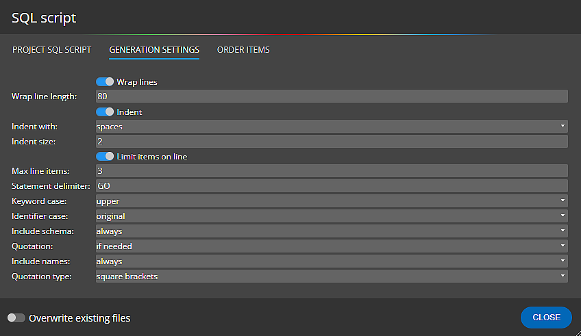 Script generation settings in Luna Modeler - data modeling tool for SQL Server