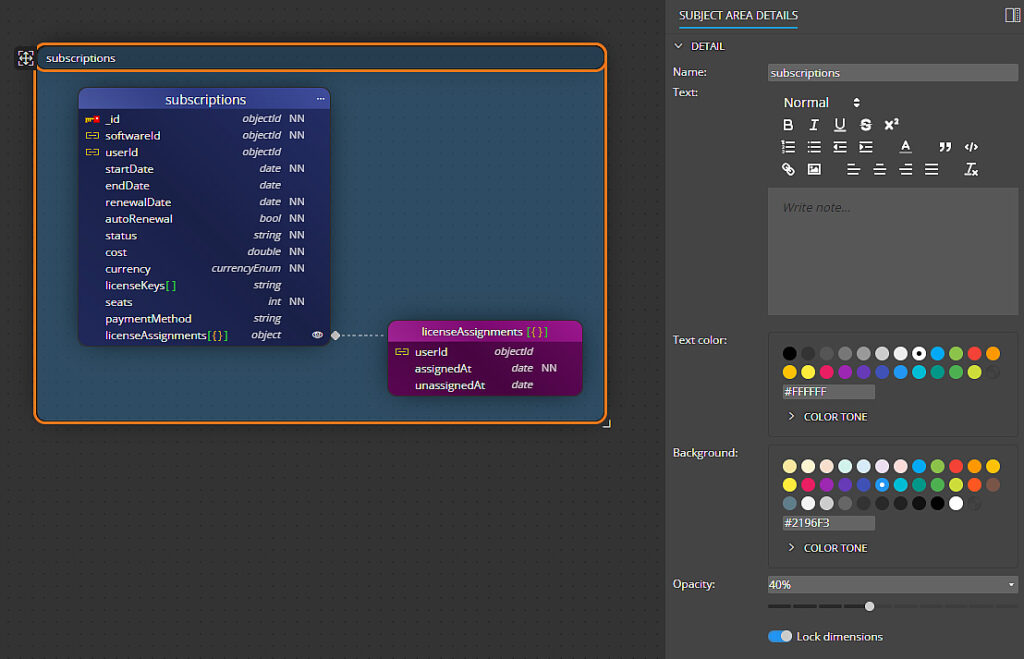 Properties of a selected subject area in Moon Modeler
