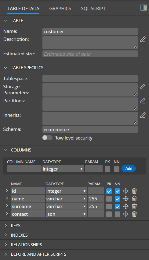 Table properties in Luna Modeler