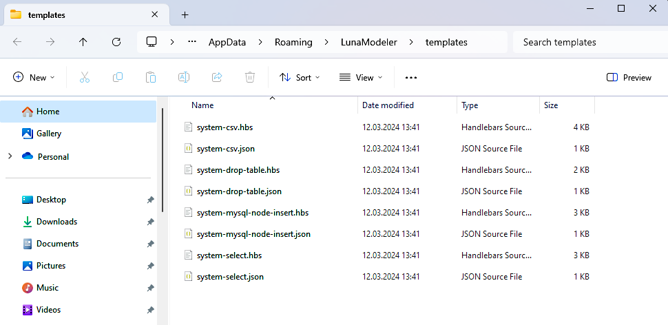 Templates structure in Windows Explorer.