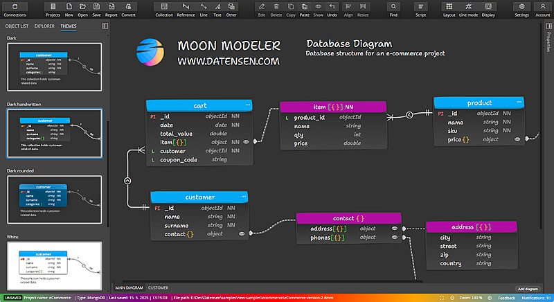 Themes in Moon Modeler - data modeling tool for nosql databases and MongoDB